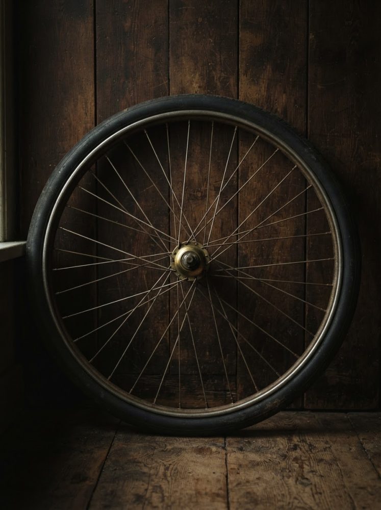 Roda de bicicleta antiga encostada a parede de madeira escura com luz natural suave