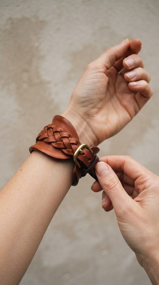 Pulseira de couro castanho com entrelaçado e fivela em pulso a ser ajustada
