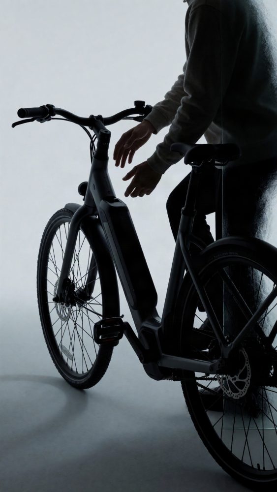 Silhueta de bicicleta elétrica preta com pessoa ajustando o guiador ao fundo