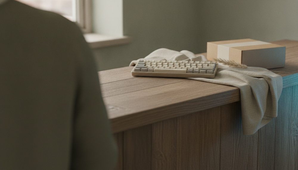 Teclado compacto sobre tecido em balcão de madeira com caixa ao lado, luz natural suave
