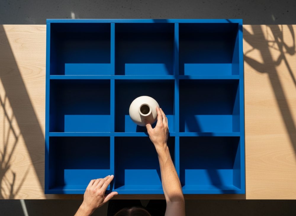 Estante azul modular com nove divisórias e um vaso cerâmico branco sendo colocado por mãos