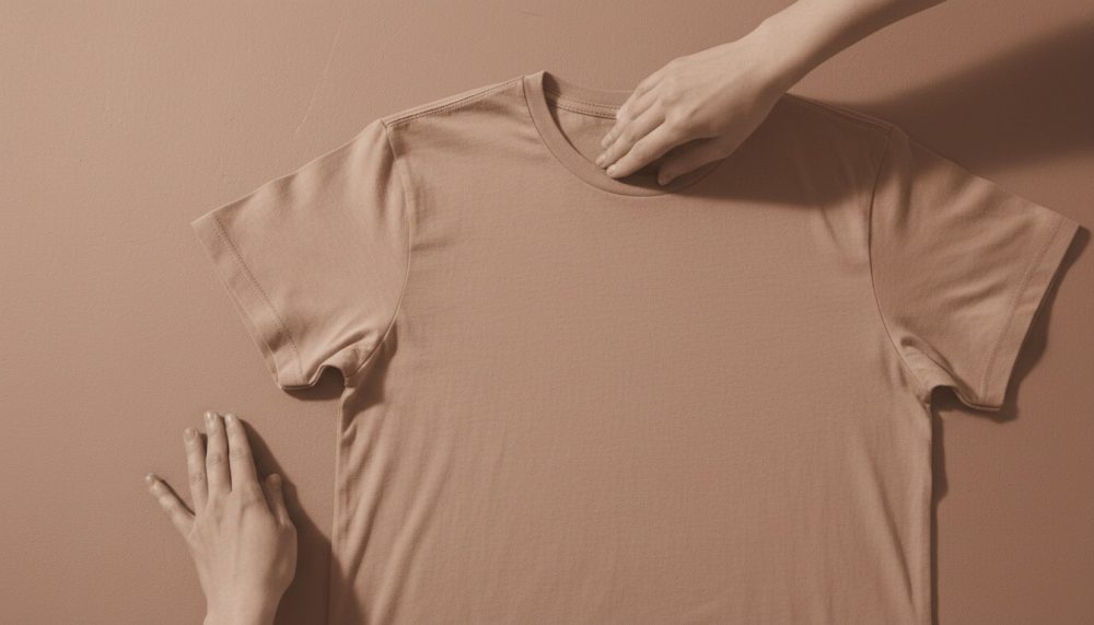 T-shirt bege estendida com duas mãos sobre fundo da mesma cor neutra