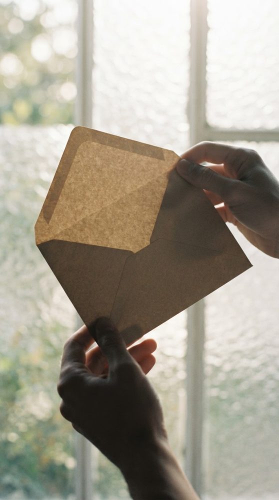 Pessoa segurando envelope kraft aberto com luz natural através de janela ao fundo