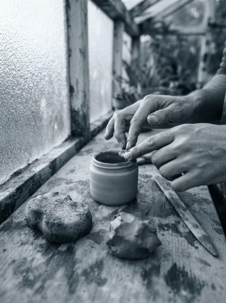 Mãos a modelar cerâmica num vaso junto a janela com luz suave em bancada de madeira
