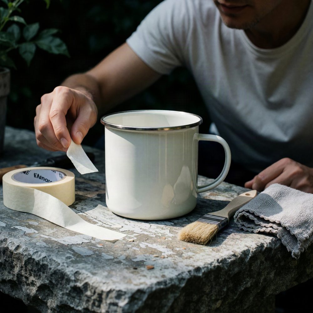 Caneca metálica branca com fita adesiva, pincel e pano sobre mesa rústica de pedra
