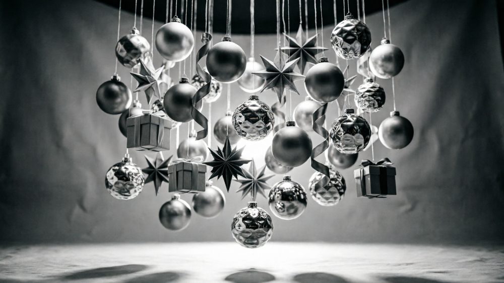 Ornamentos natalícios metálicos pendurados incluindo bolas, estrelas e caixas de presente