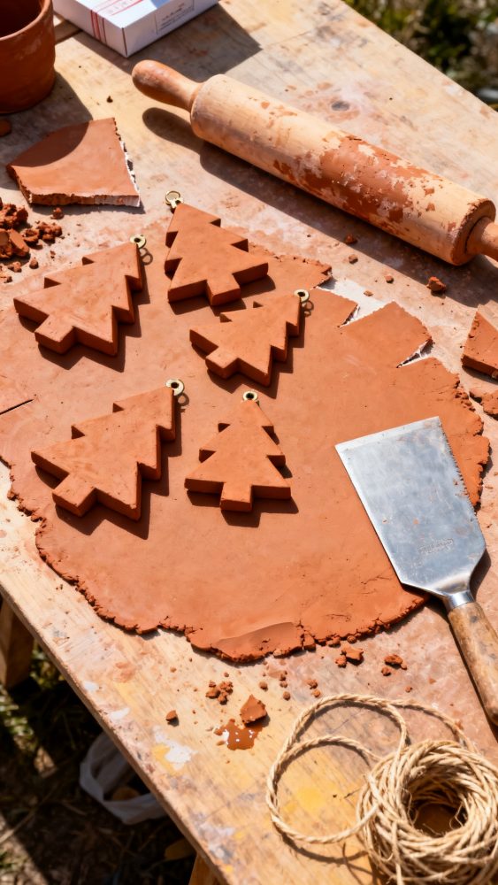 Decorações de Natal em barro vermelho com ferramentas e rolo de massa numa mesa rústica