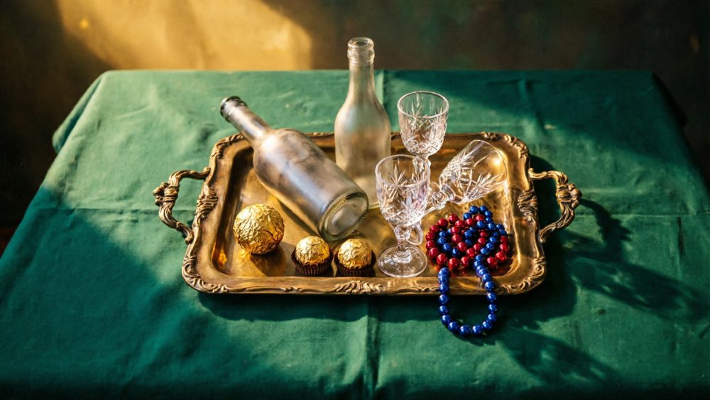 Bandeja dourada com garrafas, copos de cristal, chocolates e colares em mesa de festa com toalha verde.