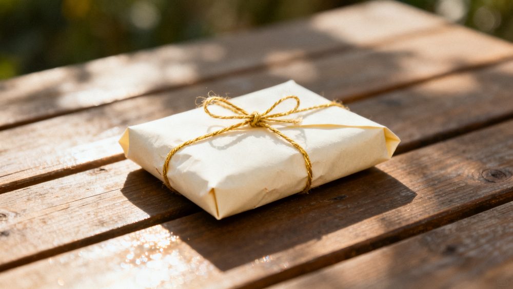 Pacote embrulhado em papel branco com cordão rústico sobre mesa de madeira