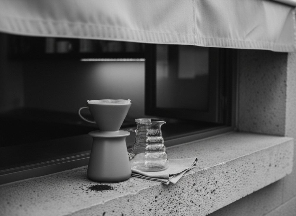Cafeteira e jarra de vidro em superfície de pedra perto de janela com luz natural