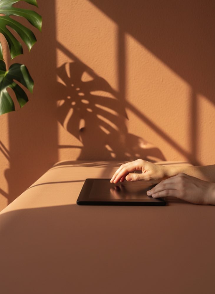 Mãos a usar tablet com sombra de planta tropical numa parede castanha iluminada