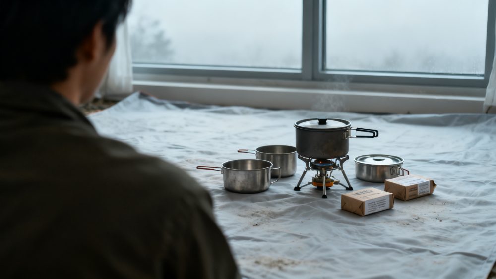 Pessoa de costas observa fogareiro com panelas e utensílios de cozinha para campismo em pano branco junto a janela