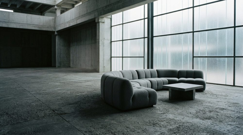 Sofá modular cinza escuro com mesa de centro num amplo espaço industrial com grandes janelas