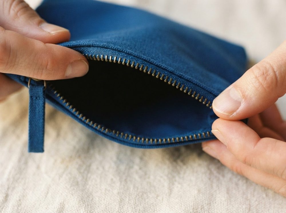 Pessoa abre pouch azul em tecido com fecho de correr metálico em fundo claro