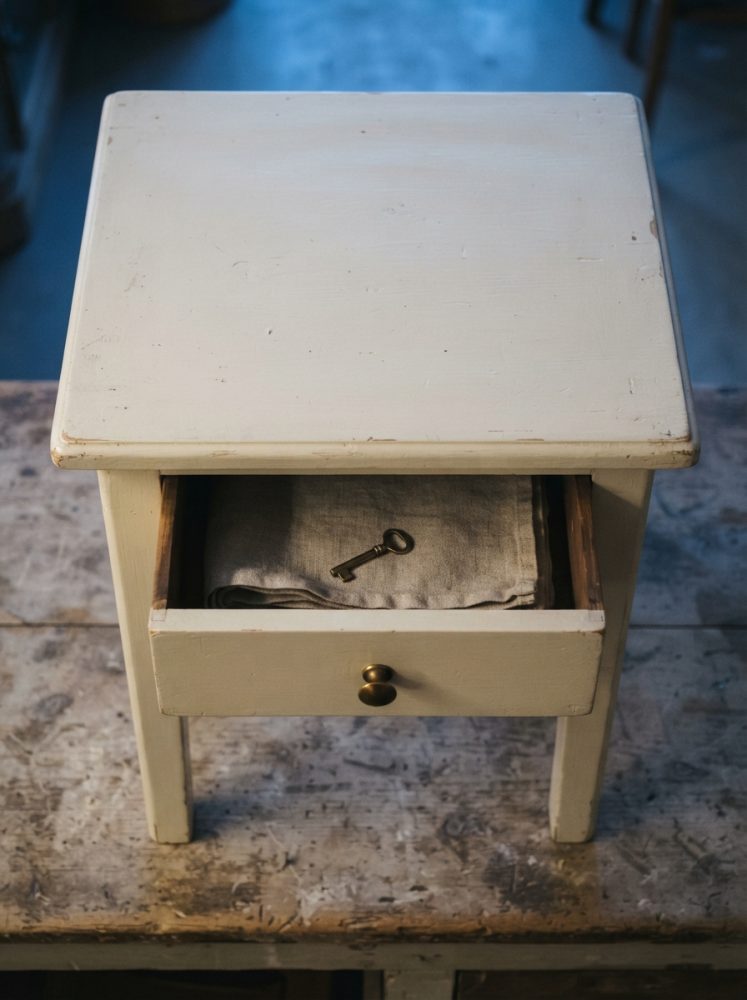 Mesa de cabeceira vintage creme com gaveta aberta, lenço cinzento e chave antiga no interior