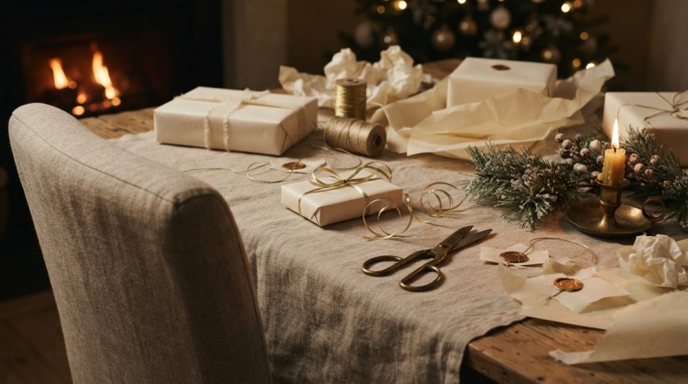 Mesa de madeira com presentes embrulhados, vela acesa e decoração de Natal