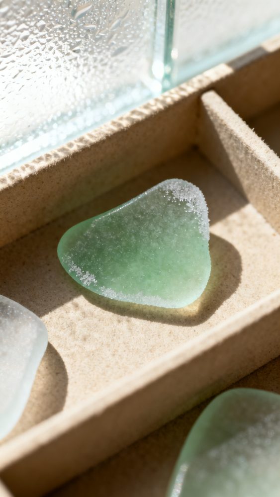 Pedra de vidro do mar verde fosco em caixa de coleção com luz natural