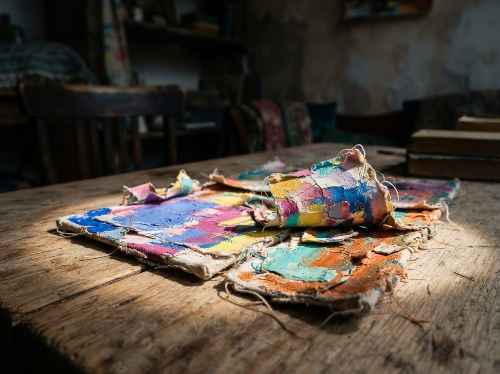 Pedaços coloridos de tela pintada abstrata sobre mesa de madeira