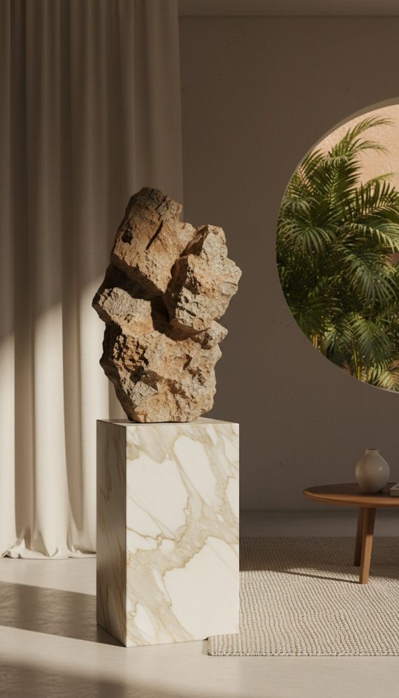 Escultura abstrata em pedra rústica sobre pedestal de mármore num ambiente minimalista com cortinas e plantas