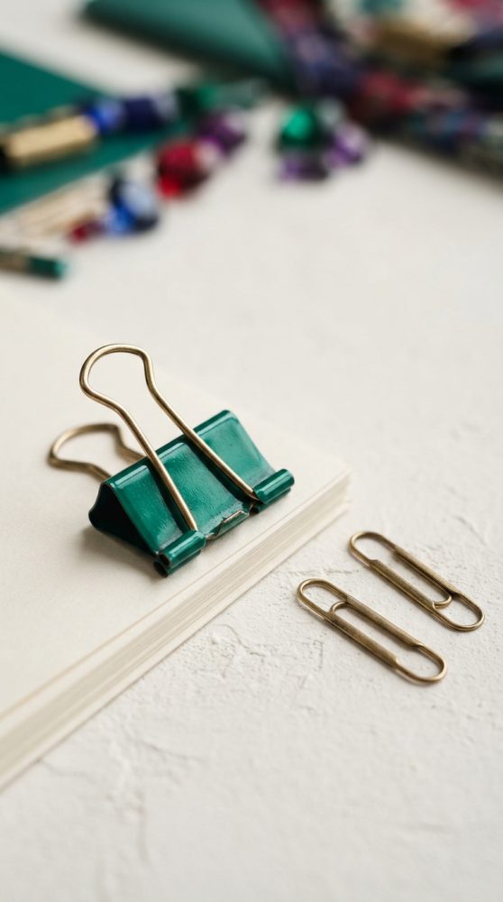 Presilha verde e clips dourados com folhas brancas sobre mesa clara, objetos desfocados ao fundo