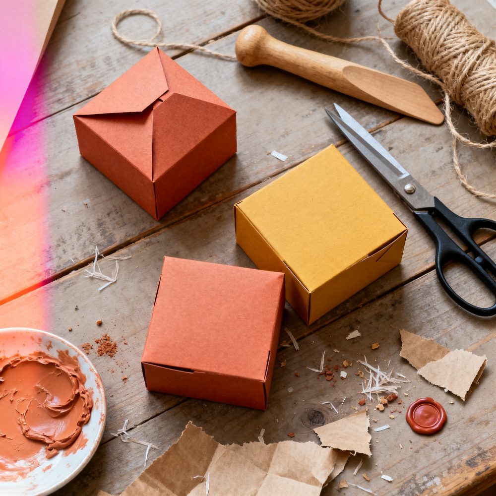 Caixas de papel coloridas, tesoura, linha e materiais para embrulho artesanal em mesa de madeira