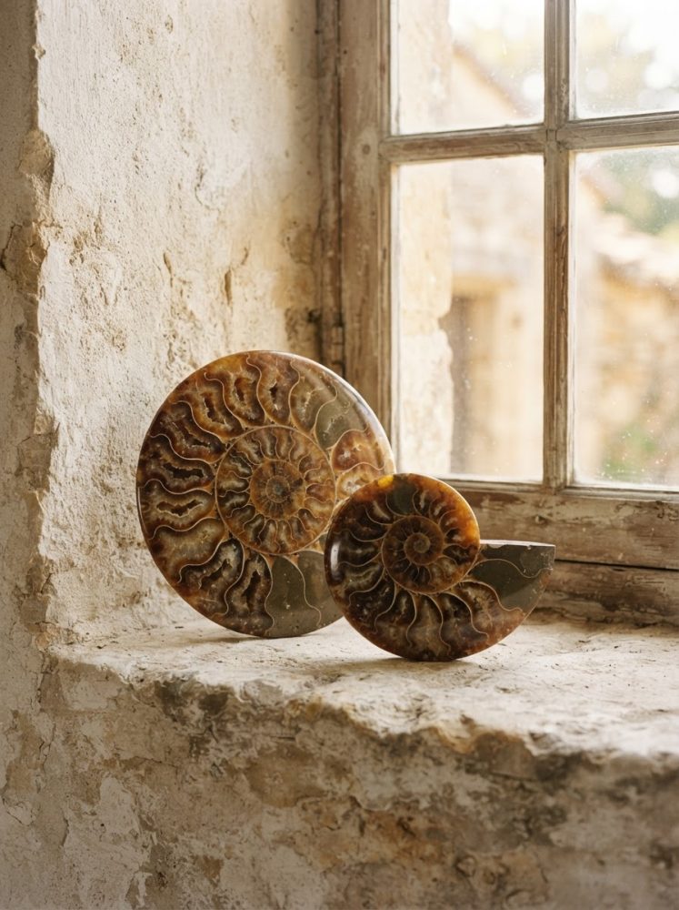 Dois fósseis de ammonite polidos sobre parapeito rústico junto a janela antiga