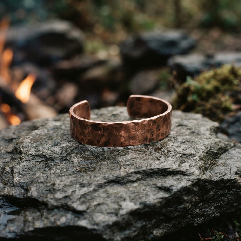 Pulseira aberta de cobre texturizada sobre uma pedra cinzenta em ambiente exterior natural