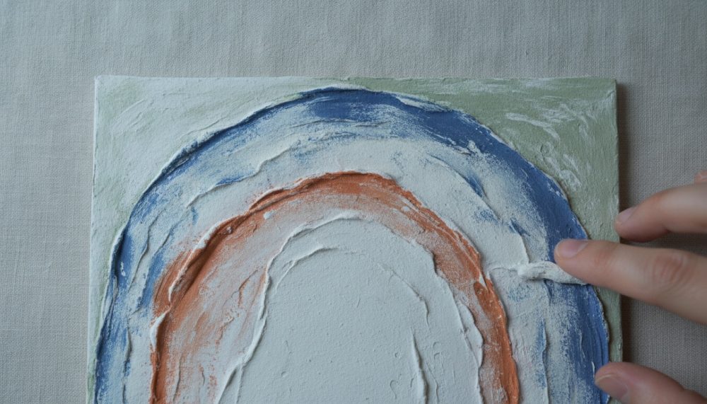 Quadro abstrato em relevo com camadas de azul, coral e branco, textura destacada em fundo bege