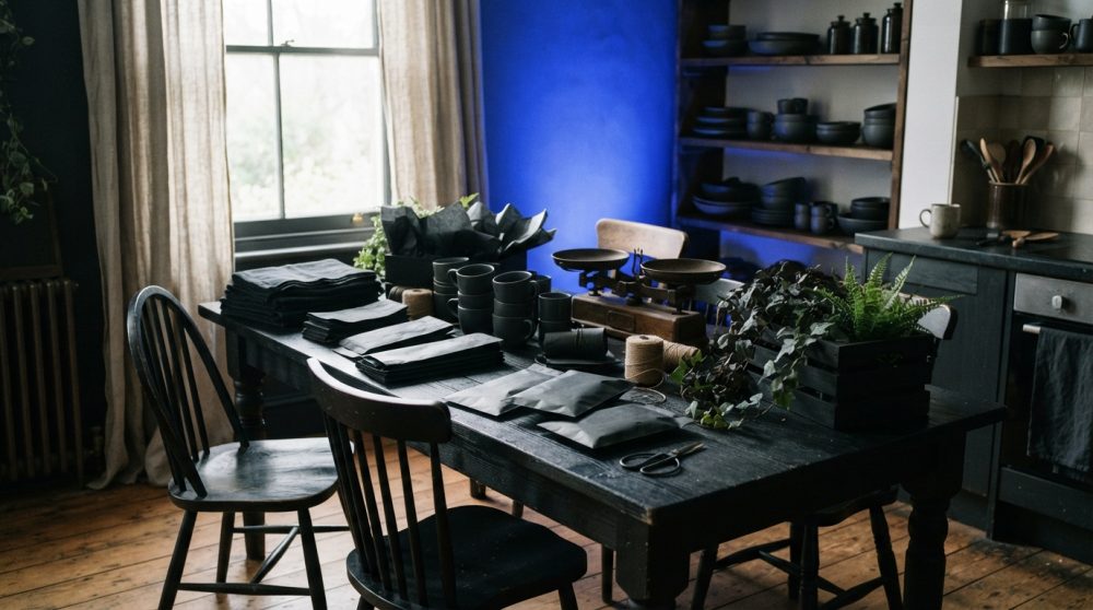 Mesa rústica com pratos, xícaras e planta perto de janela e parede azul, ambiente decorativo aconchegante