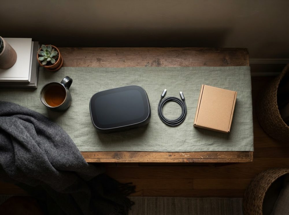 Dispositivo digital preto com cabo USB e caixa em mesa de madeira com caneca e planta suculenta