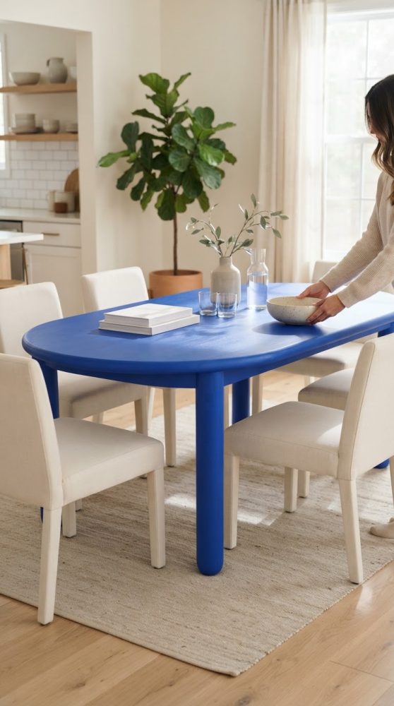 Mesa de jantar azul oval com quatro cadeiras estofadas brancas e planta num vaso grande