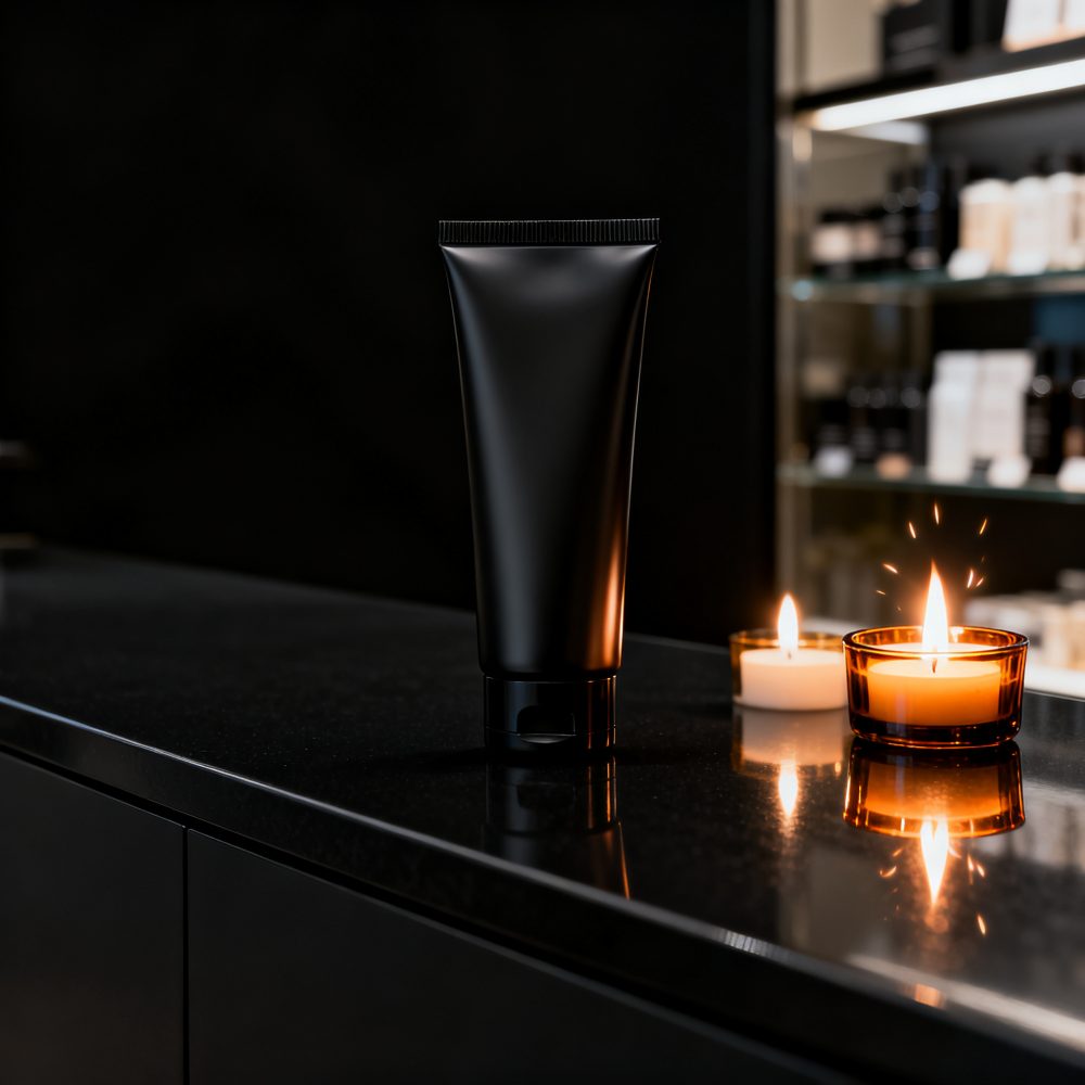 Embalagem preta para cosméticos com velas acesas sobre bancada negra em loja de estética