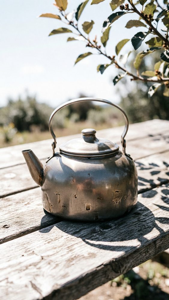 Chaleira metálica vintage sobre mesa de madeira em ambiente de campismo com vegetação ao fundo