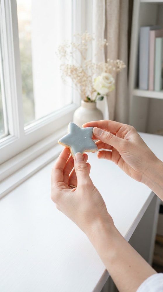 Mãos femininas a segurar meio biscoito em forma de estrela com glacê azul, junto a janela com luz natural