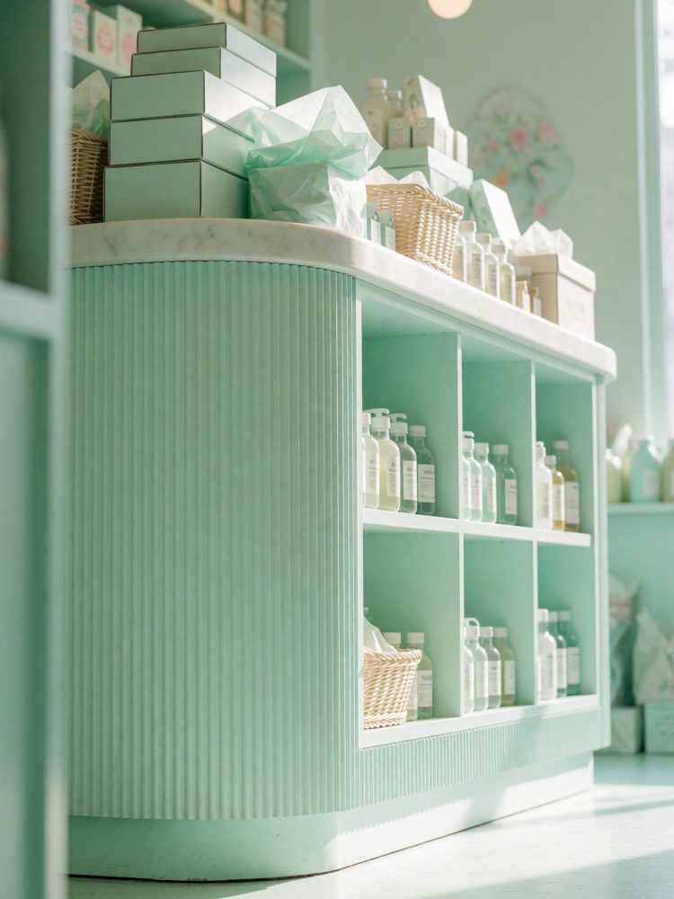 Balcaão verde claro com prateleiras e produtos de estética organizados em cestos e caixas