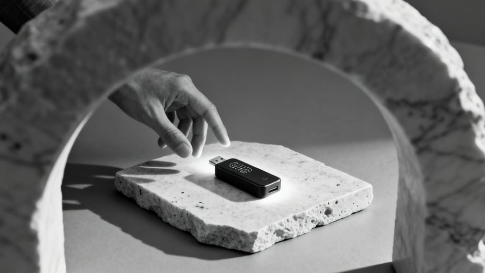 Pen USB preto sobre base de pedra branca vista por arco de pedra cinza