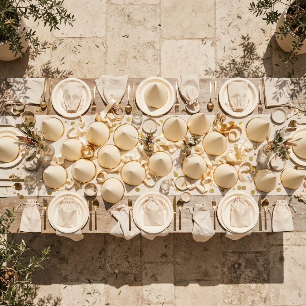 Mesa festiva com chapéus de festa bege, pratos brancos, talheres dourados e arranjos florais