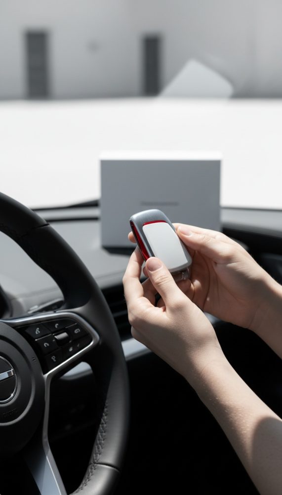 Mãos seguram chave eletrónica de carro junto ao volante dentro do automóvel