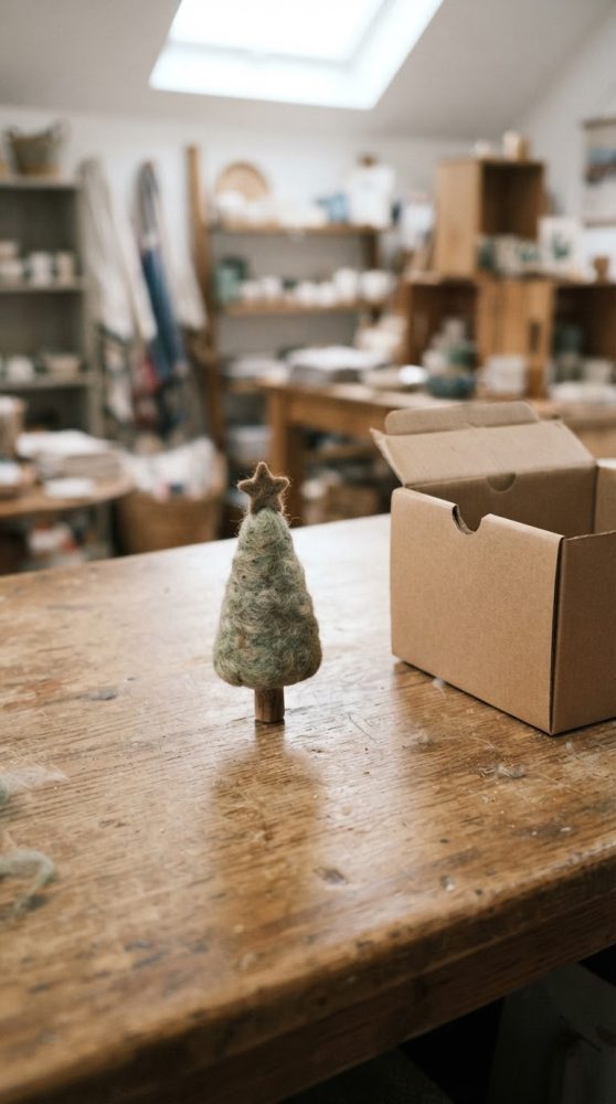 Pequena árvore de Natal em feltro verde com estrela no topo sobre mesa de madeira com caixa de papelão aberta ao lado