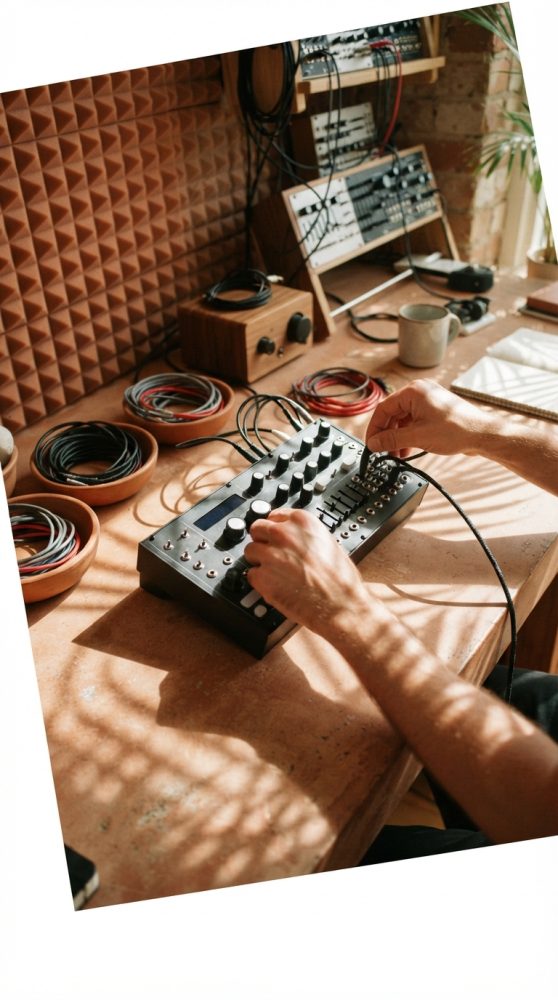 Mãos a ajustar cabos e botões de um sintetizador num estúdio de música com equipamento modular e cabos organizados