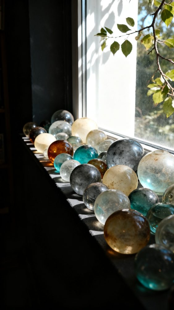 Várias esferas de vidro coloridas e transparentes alinhadas numa janela com luz natural.