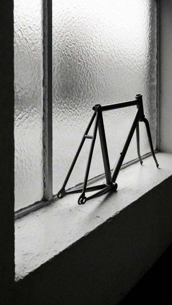 Quadro de bicicleta preto apoiado numa janela com vidro texturizado e luz difusa