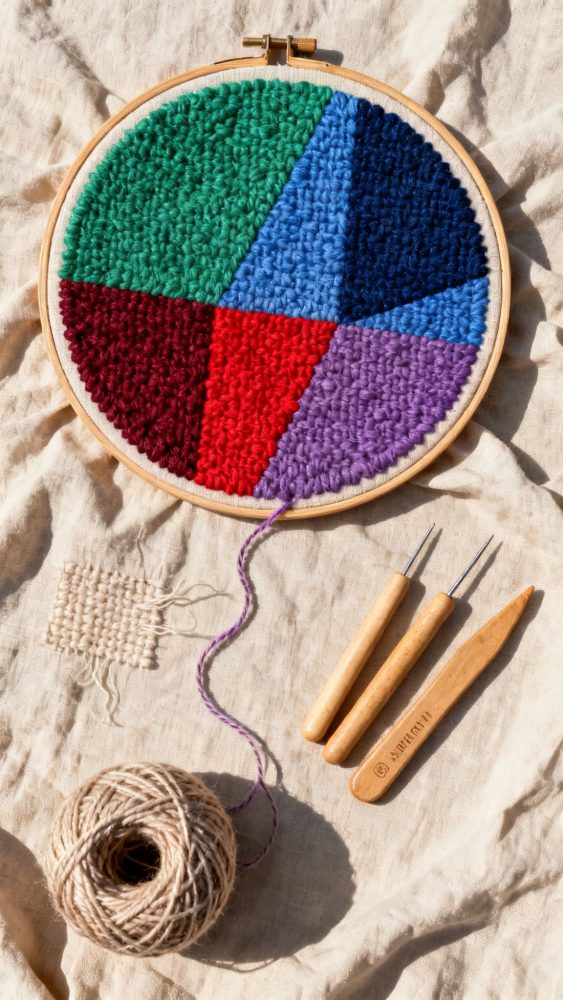 Bordado colorido em bastidor com ferramentas de costura e novelo sobre tecido