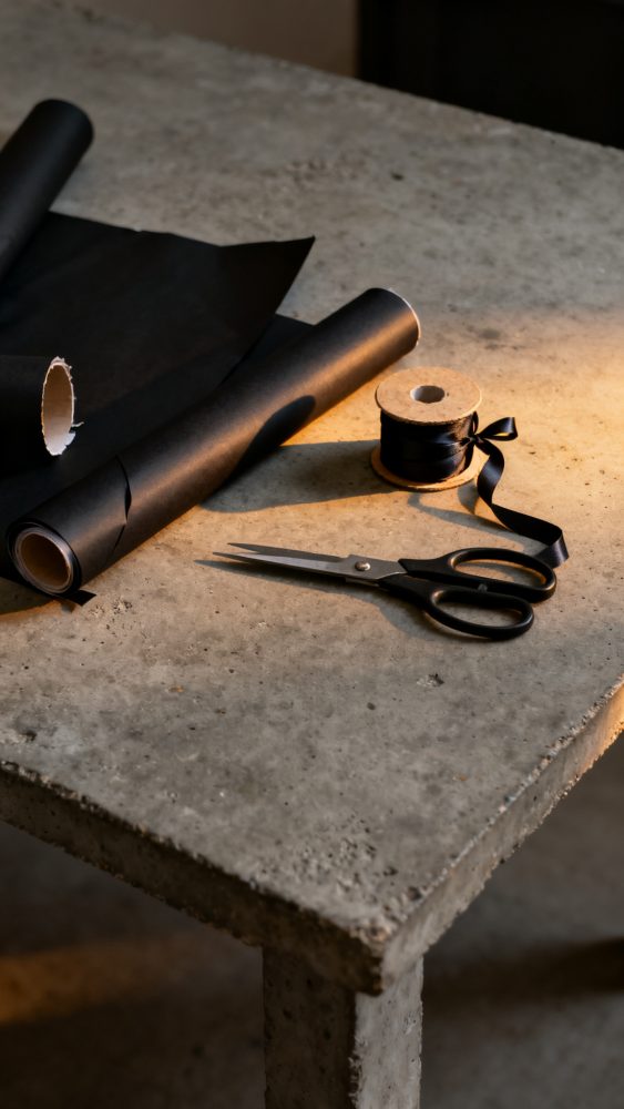 Mesa rústica com rolo de papel preto, fita preta e tesoura de mão