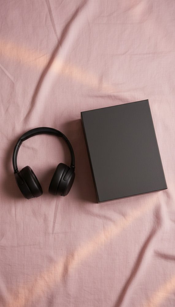 Auriculares pretos sem fios e caixa preta sobre tecido rosa suave