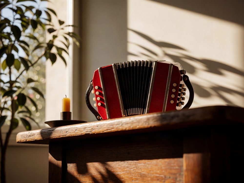 Concertina vermelha vintage sobre mesa de madeira com vela amarela e planta ao lado, luz natural
