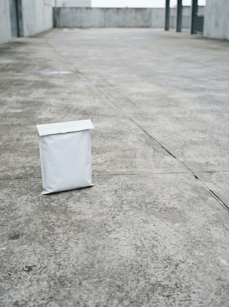Envelope de envio branco sobre chão de cimento cinzento