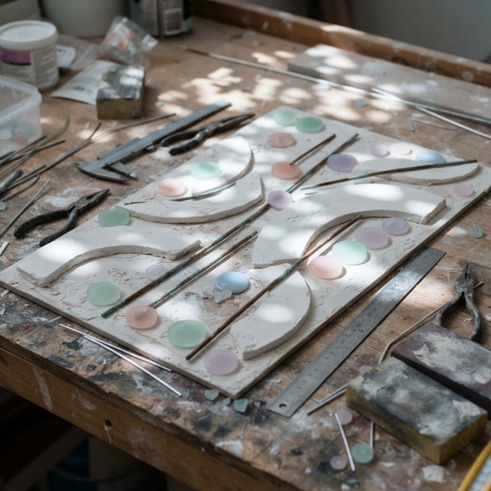 Mesa de trabalho com arte abstrata em processo e várias ferramentas de artesanato