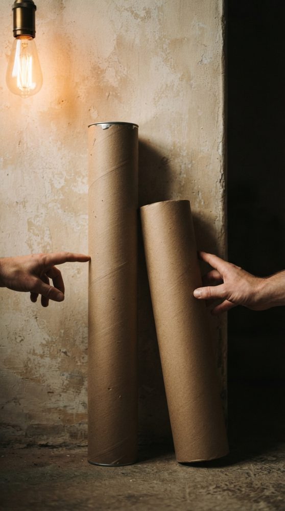 Dois tubos de cartão castanho reciclado com mãos a apontar, iluminação quente e parede rústica