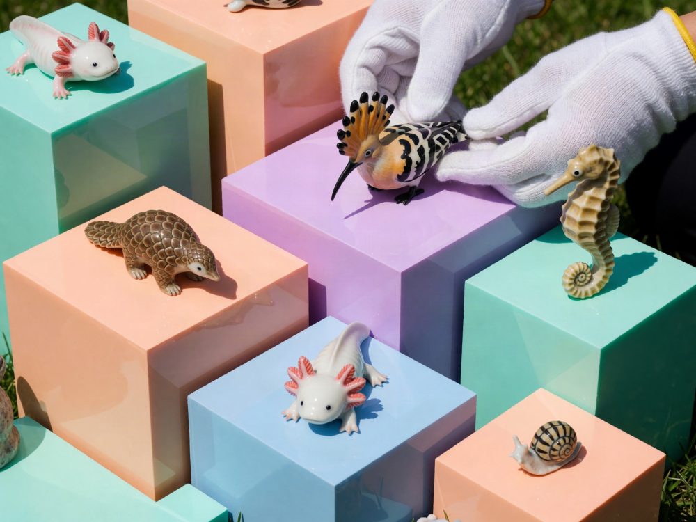 Miniaturas de animais sobre cubos coloridos com pessoa manuseando pássaro com luvas brancas